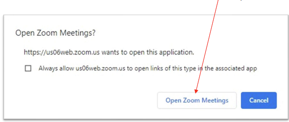 Zoom prompt asking to open Zoom Meetings application